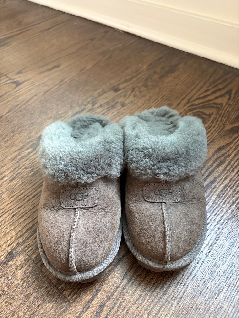 UGG Women’s Grey Suede Shearling-Lined Slip-On Slippers